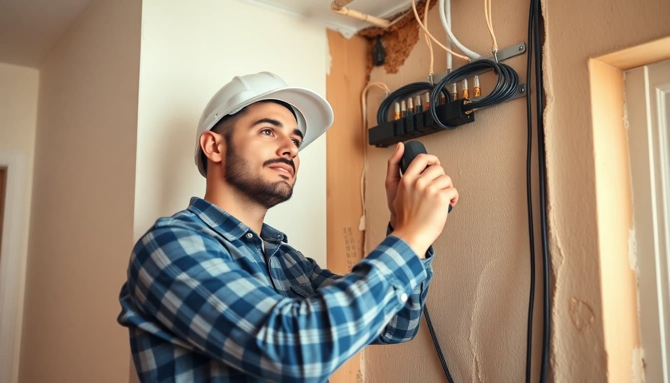 Électricien posant des câbles lors d'une rénovation électrique complète